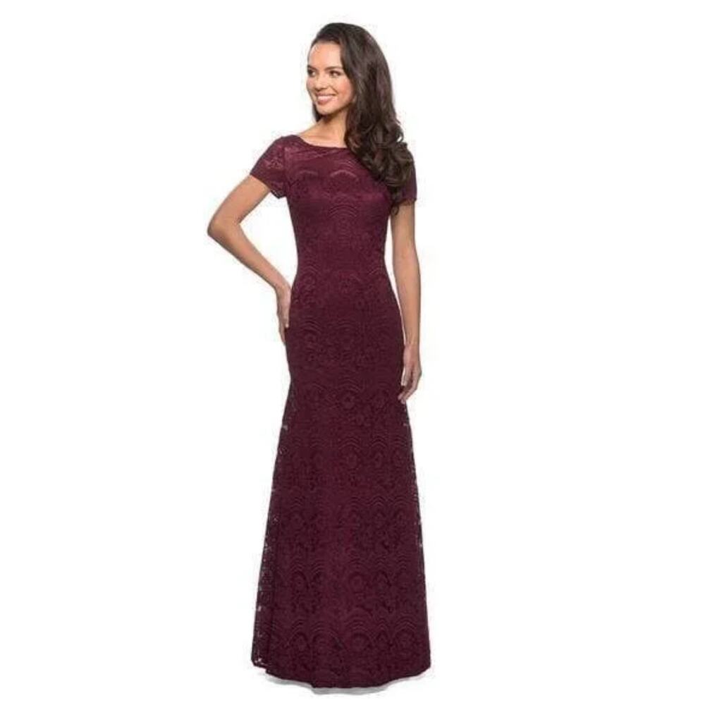 La Femme Women's Burgundy Short Sleeve Lace Bateau Trumpet Maxi Dress 12 NWOT